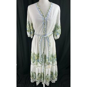 Lea Womens M Boho Hippie Midi Floral Tiered Shirt Dress Linen Blend Beach Belted